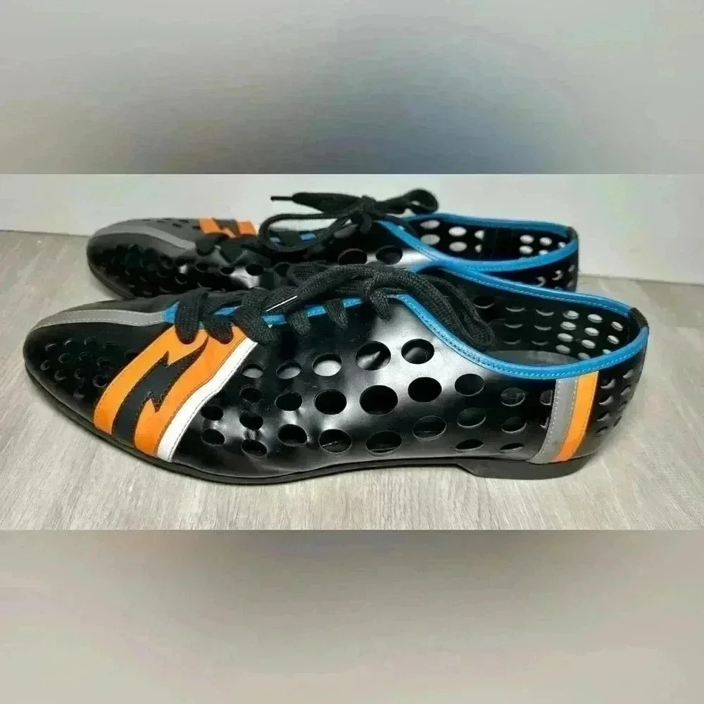 Prada 2EG168 Perforated Leather Sneakers Men 9 Black Orange Excellent Bolt - Picture 6 of 10